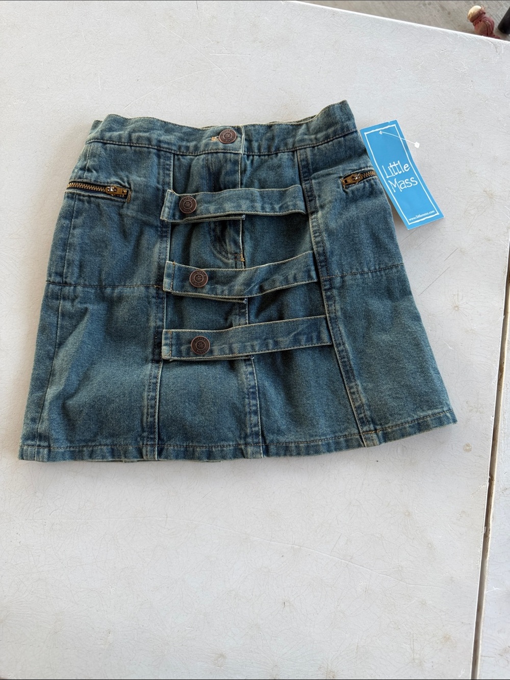 NWT Little Mass Denim Skirt in Washed Blue with Front Strap Details